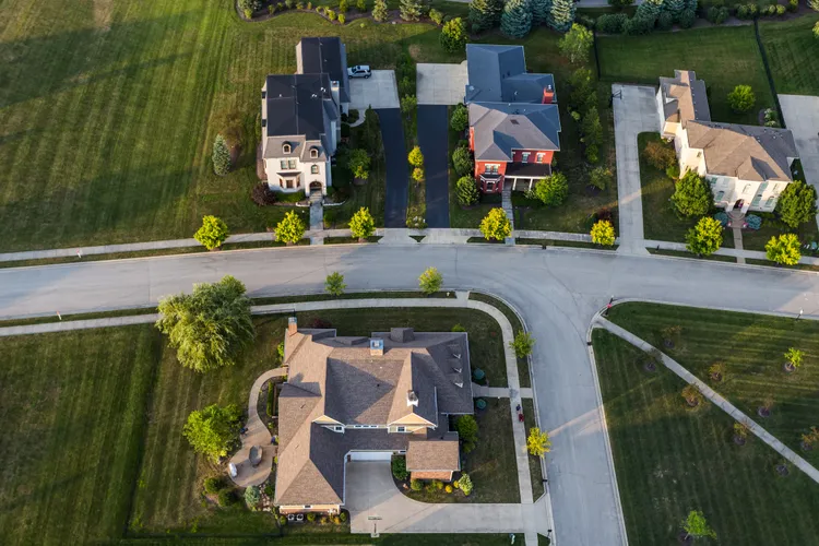 Aerial view of a suburb in Carmel, Indiana.